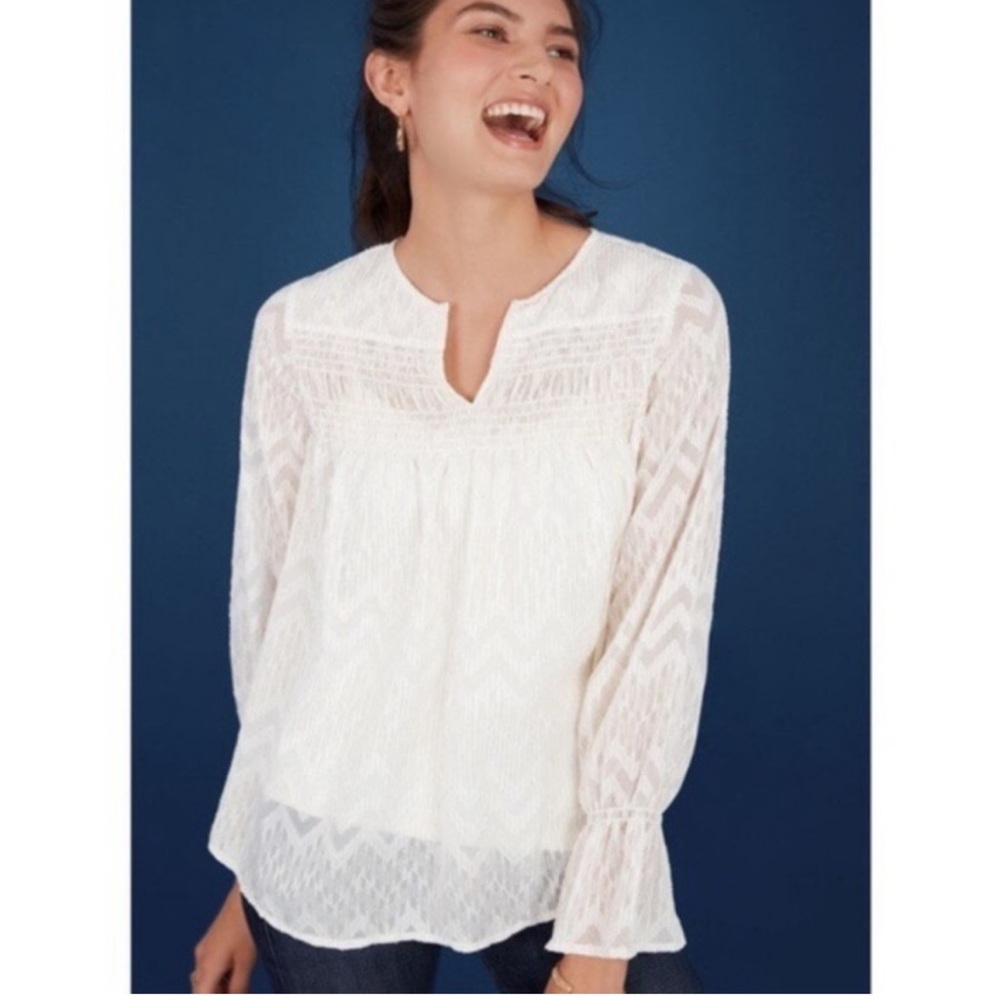 ⭐️Maette Lyla Sheer Blouse with Gold Threading Smocked Neckline Flounce Sleeve⭐️